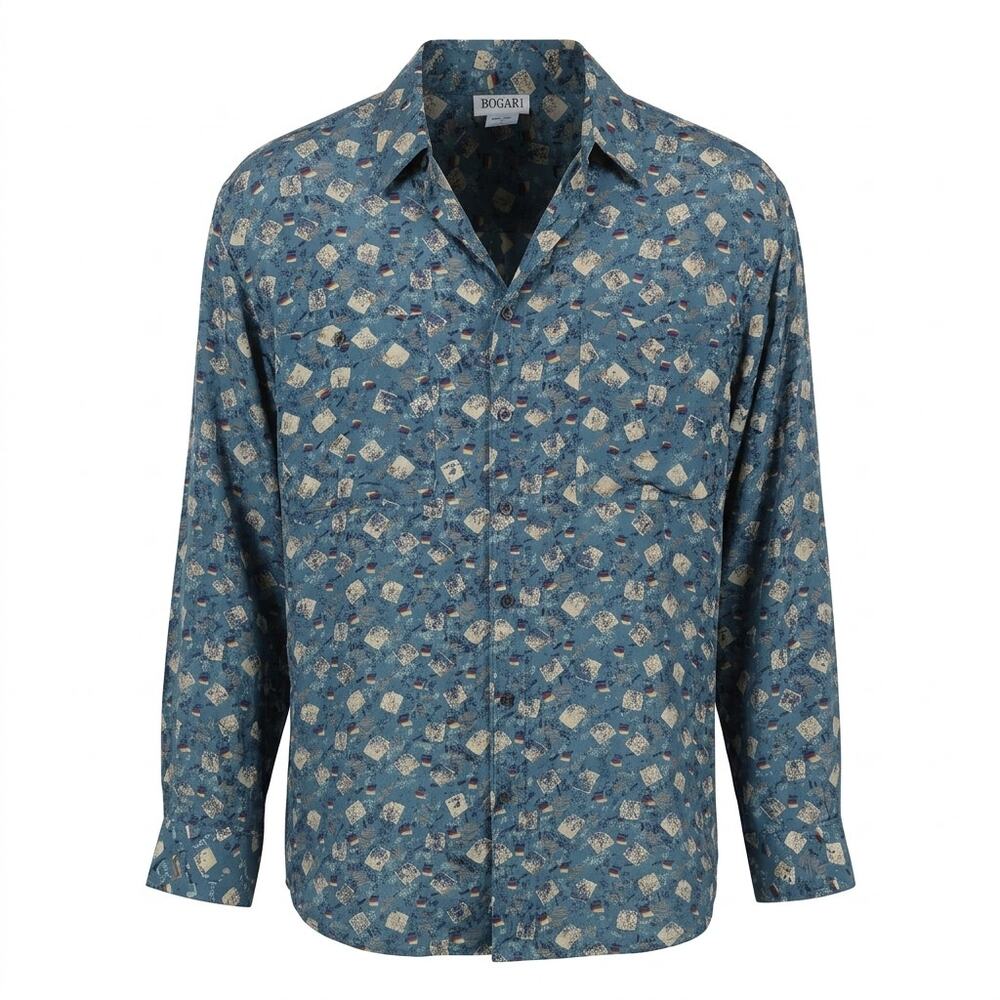 Bogari 100% Silk Collared Lightweight Graphic Button-Up Shirt Men Size L